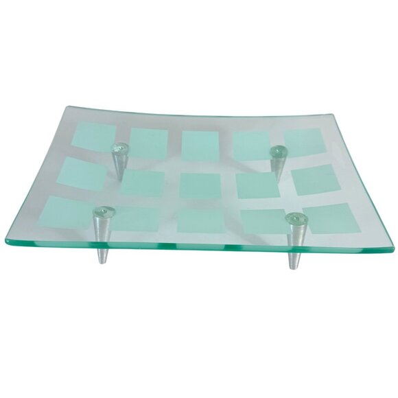 MCM Tray Frosted Glass Atomic Era Grid Pattern Metal Peg Legs VTG 60s Decorative - Picture 2 of 14